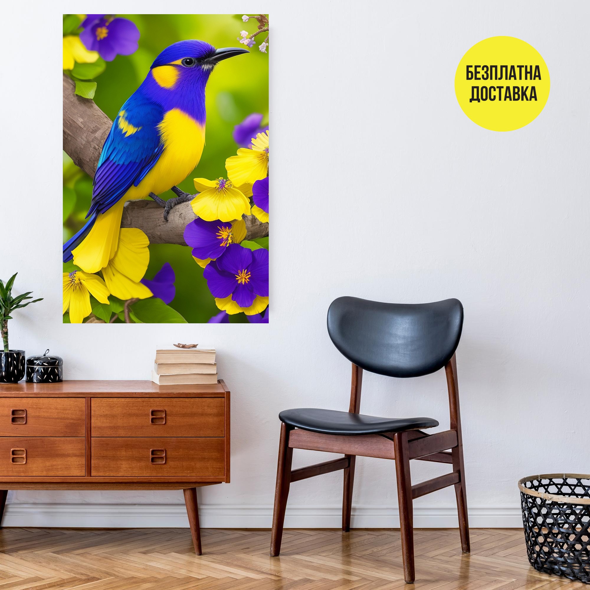 Картина-Птиче и цветя в жълто и синьо 0532